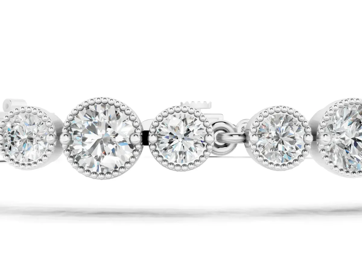 Round Bezel-Set Diamond Tennis Bracelet with Milgrain Detailing White gold