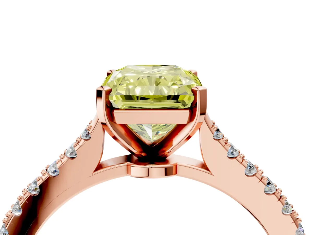Fancy Yellow Radiant Cut Cut Solitaire Diamond Engagement Ring with Pave Band and Four-Prong Setting Rose gold