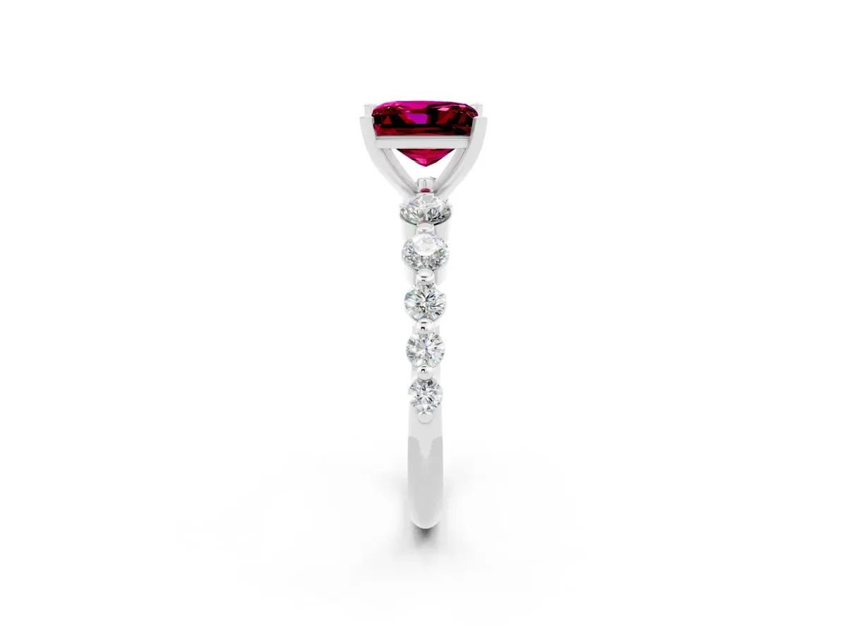 Princess Cut Solitaire Garnet Ring with Pave Band and Four-Prong Setting Platinum