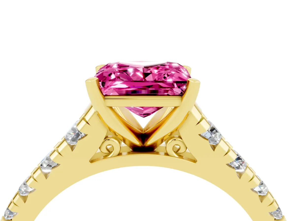 Princess Cut Pink Sapphire Cathedral Solitaire Ring with Round Pavé Band Yellow gold