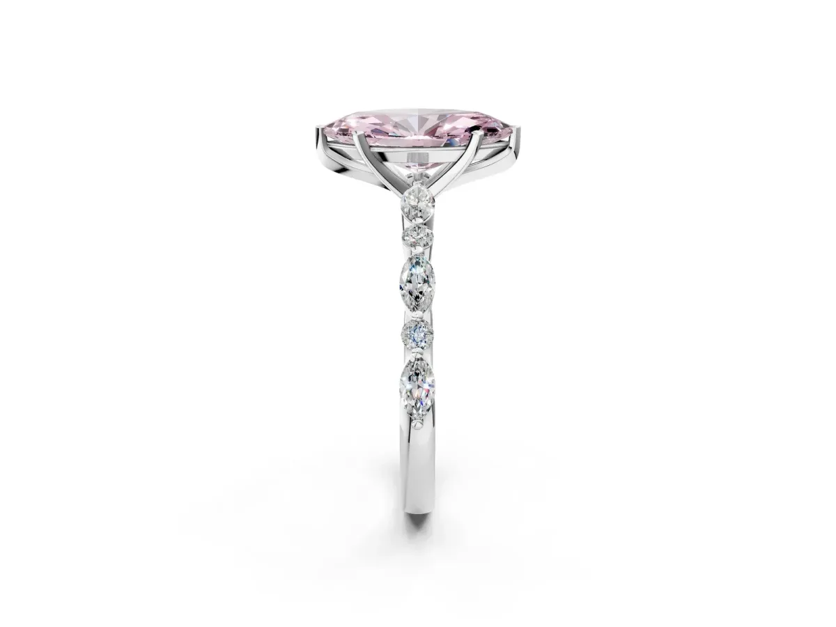 Fancy Pink Marquise Cut Diamond Ring with Marquise and Round Side Stones and Four-Prong Setting White gold