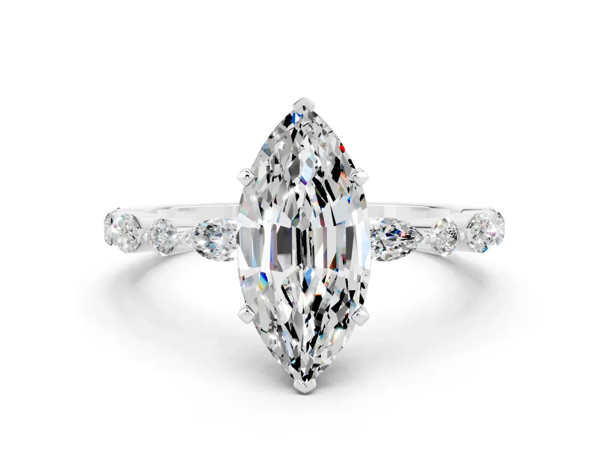 Marquise Cut Moissanite Ring with Marquise and Round Side Stones and Four-Prong Setting White gold