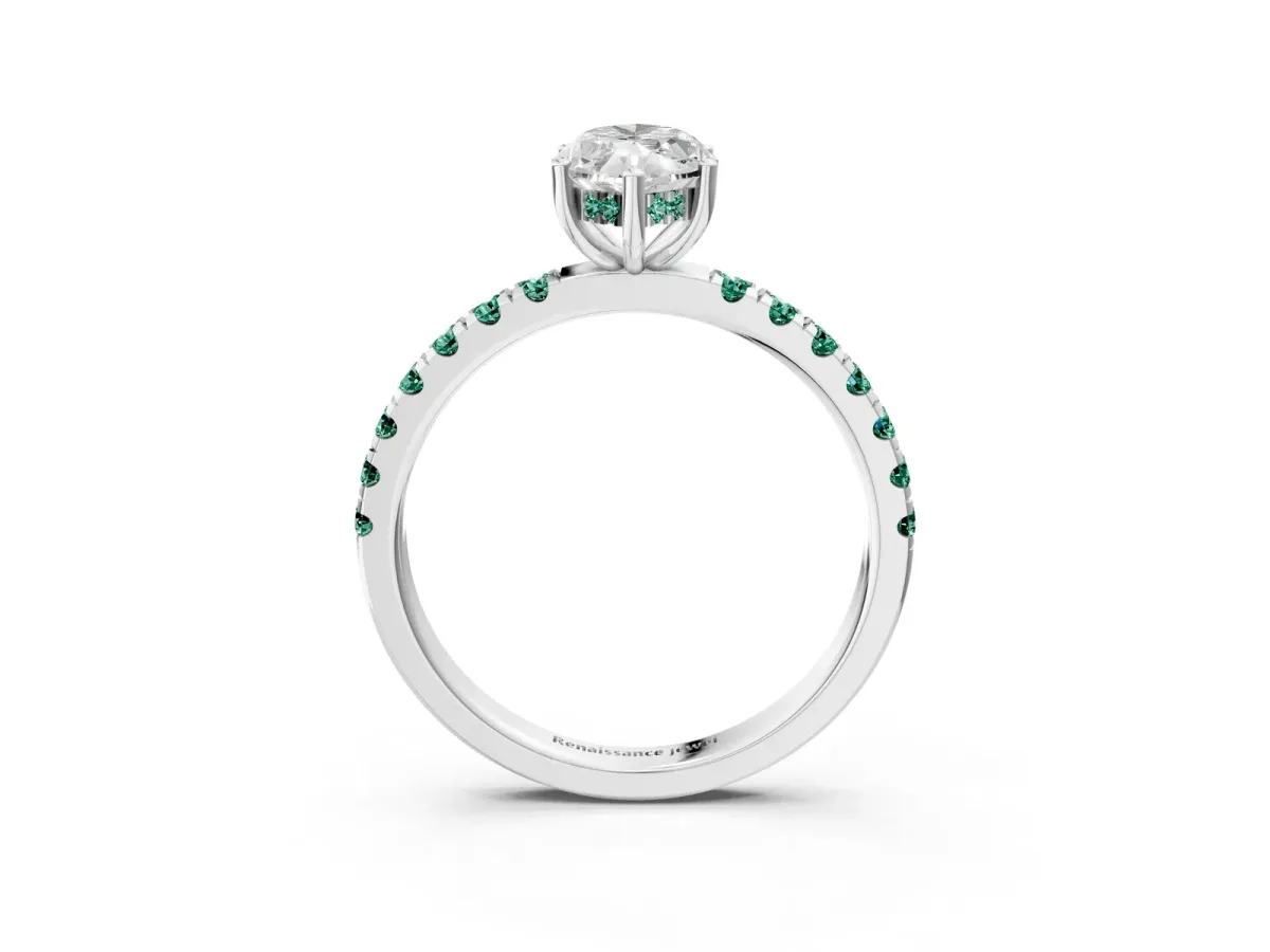 Marquise Cut Diamond Pave Band Solitaire Ring with Round Green Sapphire and Prong Setting White gold