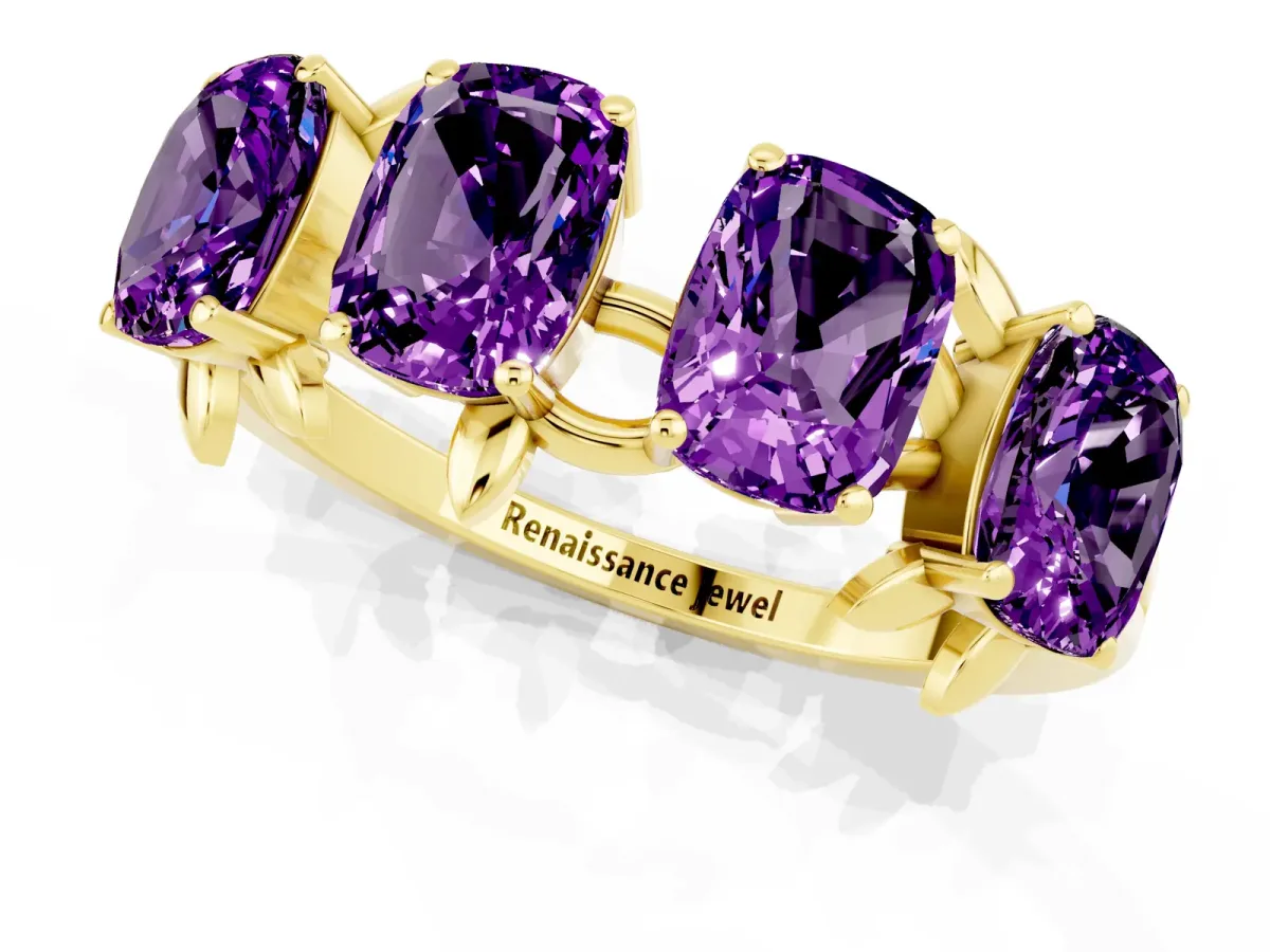 Four-Stone Elongated Cushion Amethyst Band with Nature-Inspired Prong Setting Yellow gold