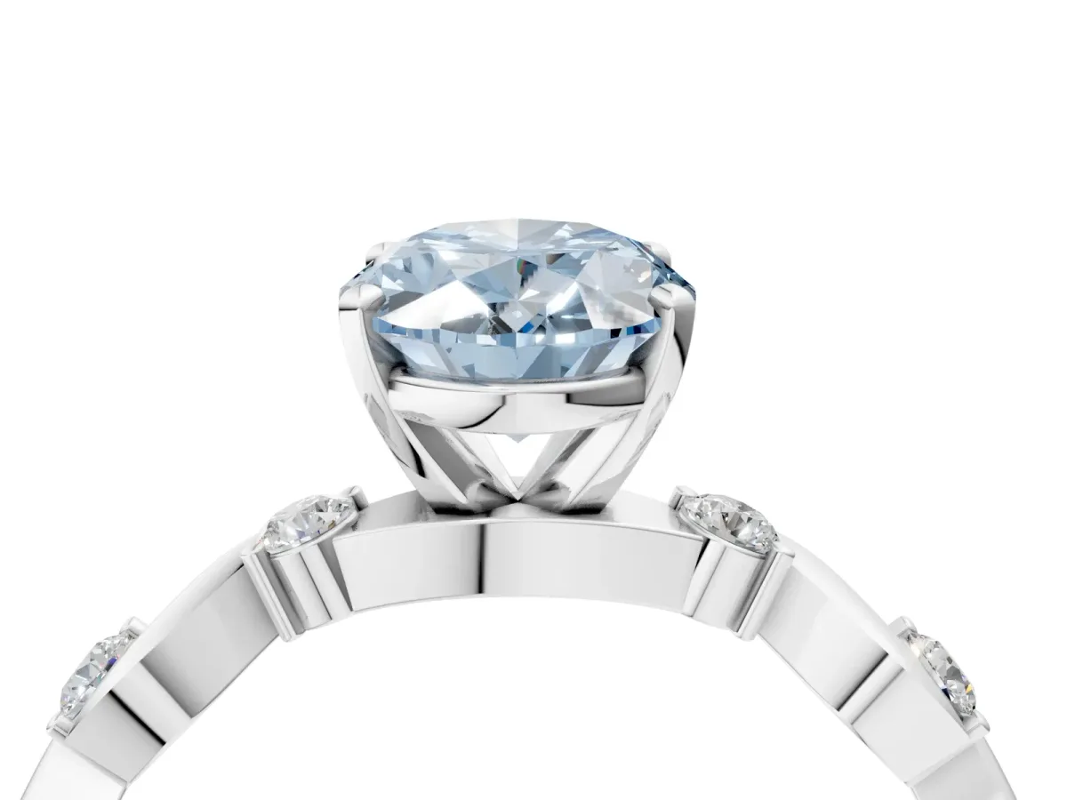 Fancy Blue Oval Cut Diamond Solitaire Twisted Band with Round Accents and Prong Setting Silver