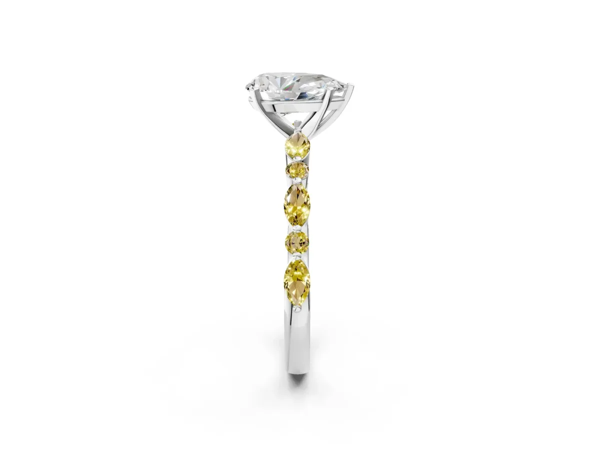 Pear Cut Diamond Ring with Marquise and Round Yellow Sapphire Side Stones and Four-Prong Setting White gold