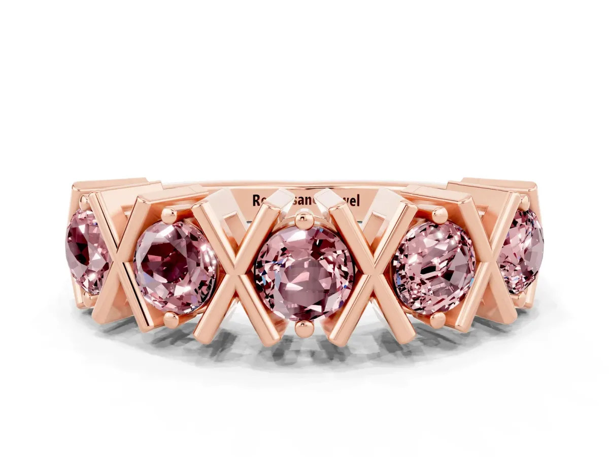Round Morganite Channel Set Band with X-Prong Detail Rose gold