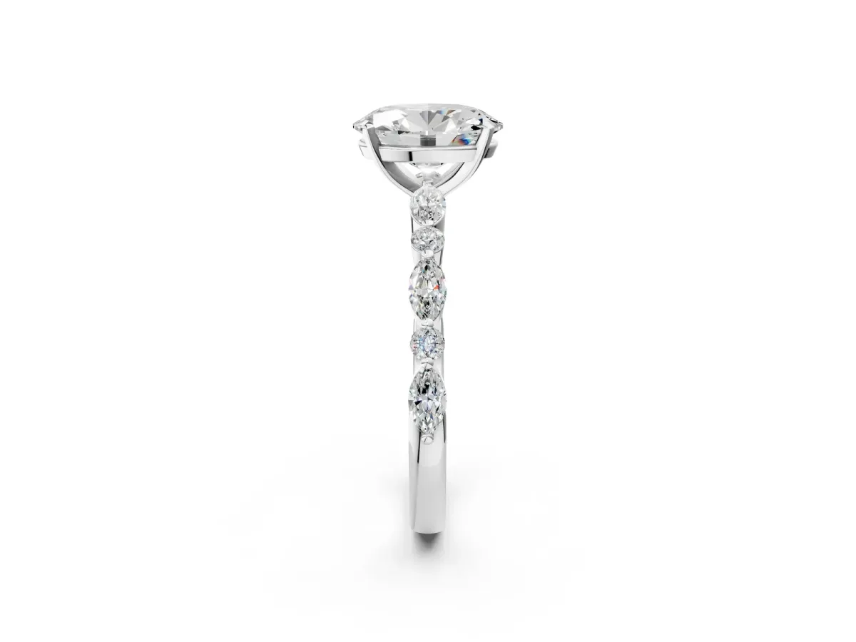 Oval Cut Diamond Ring with Marquise and Round Moissanite Side Stones and Four-Prong Setting White gold