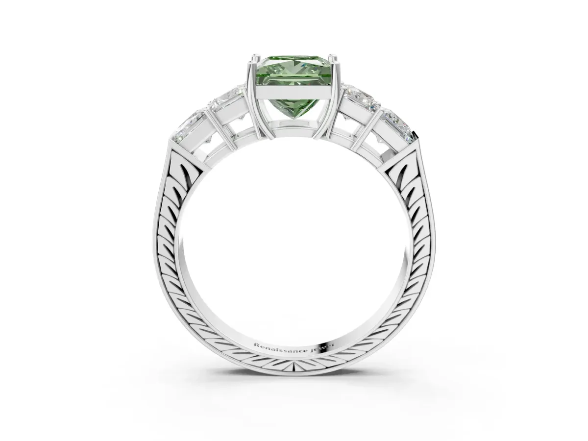 Fancy Green Princess Cut Solitaire Princess Side Stone Engraved Band Prong Setting Ring Platinum