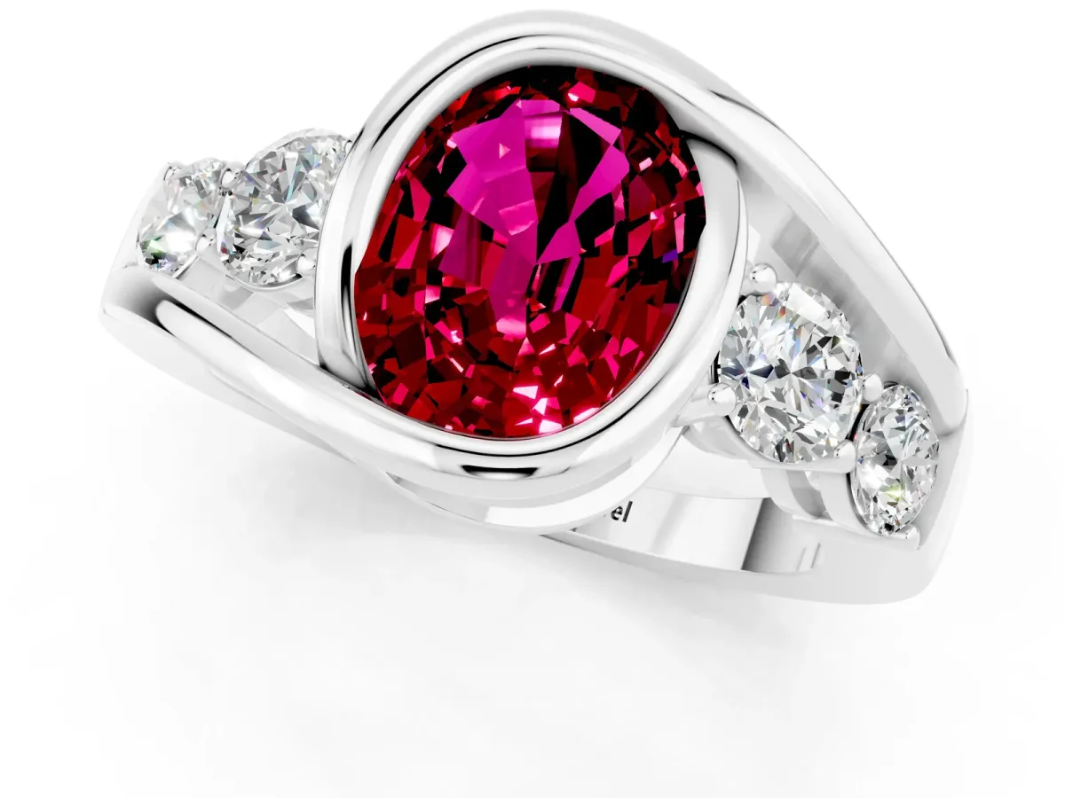 Bezel Set Oval Cut Garnet Bypass Ring with Round Accents Platinum