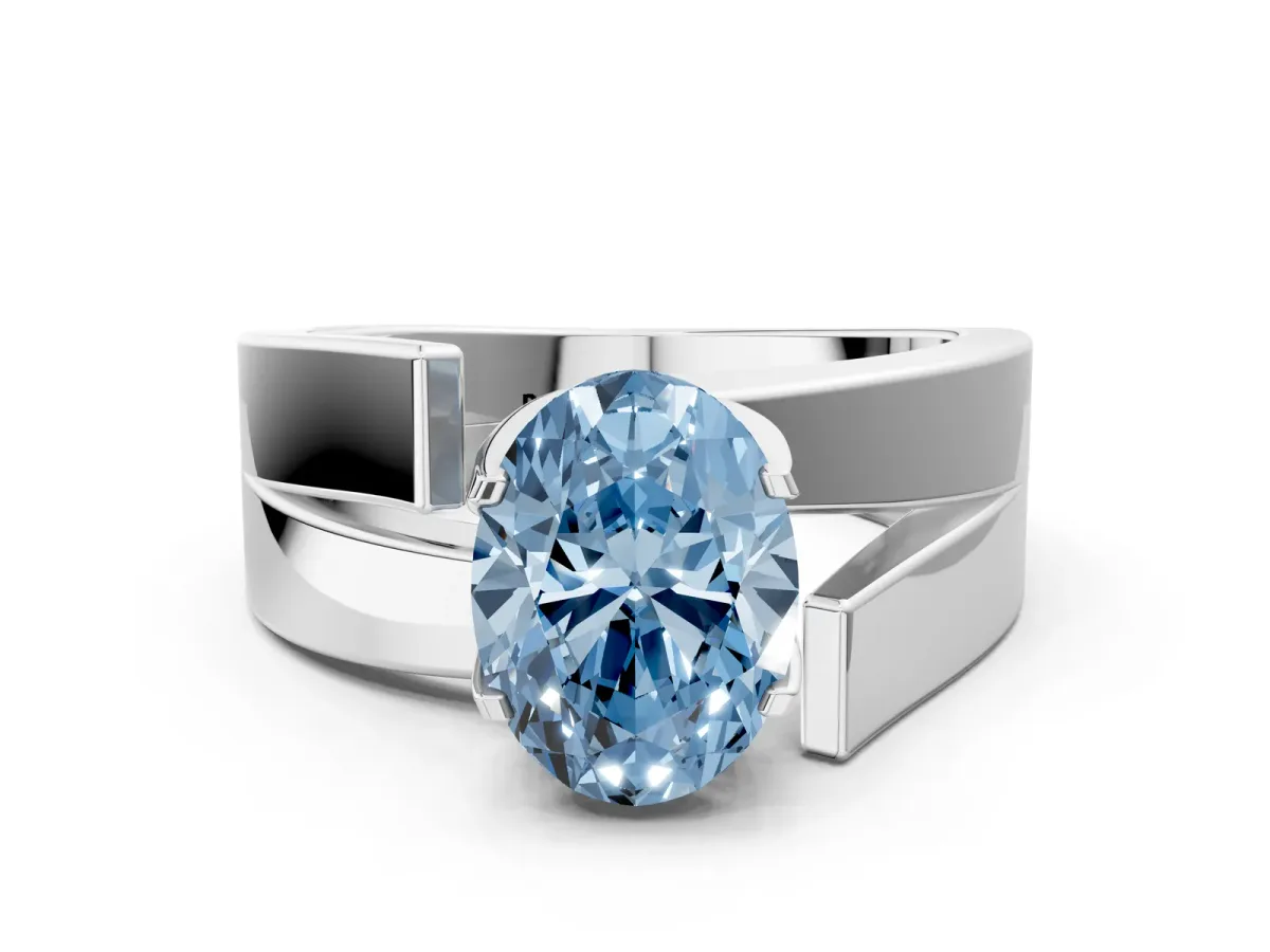 Fancy Blue Modern Tension Set Oval Cut Diamond Solitaire Wide Band Ring Silver