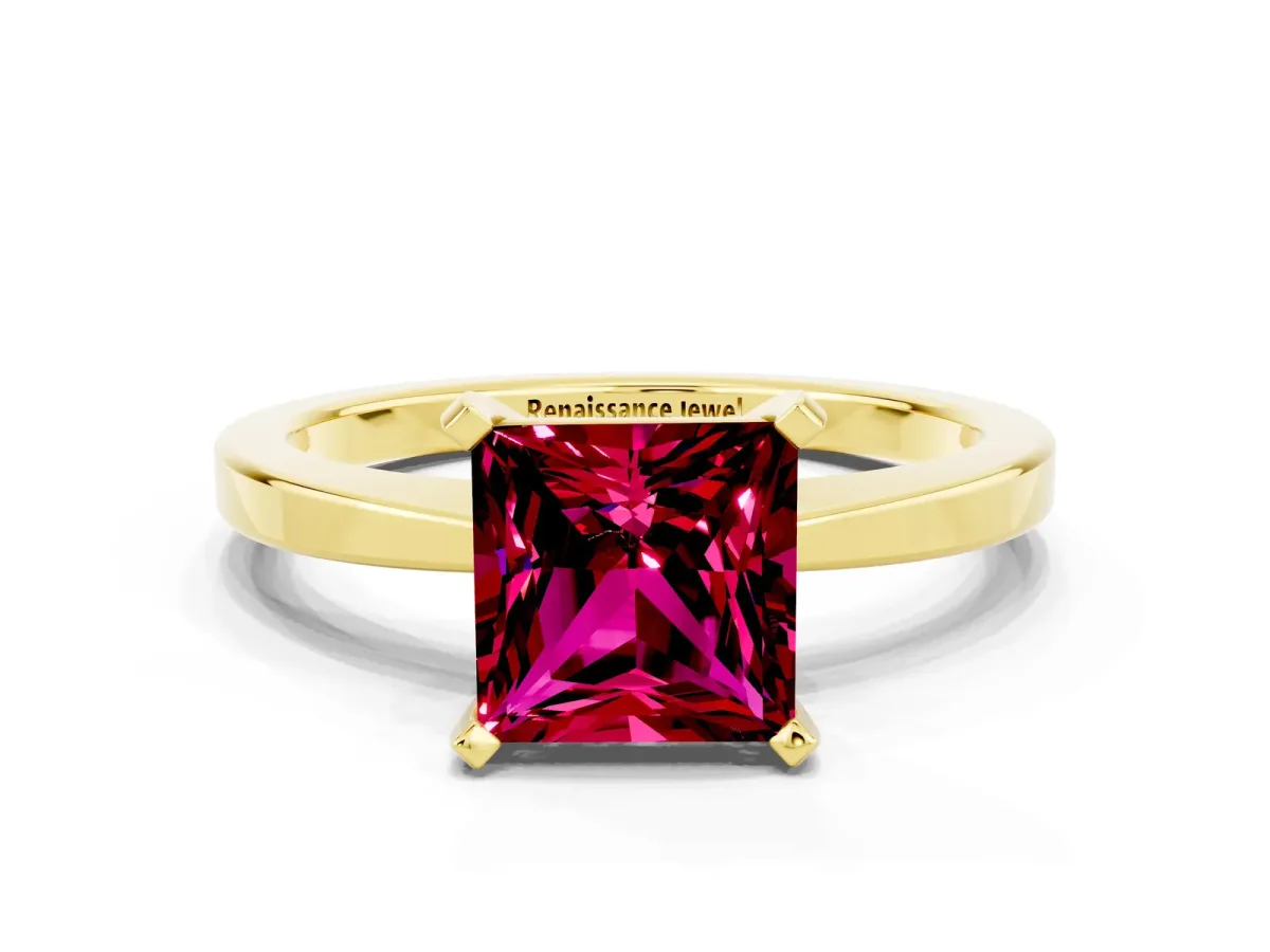 Princess Cut Garnet Solitaire Engagement Ring with Classic Band and Four-Prong Setting Yellow gold