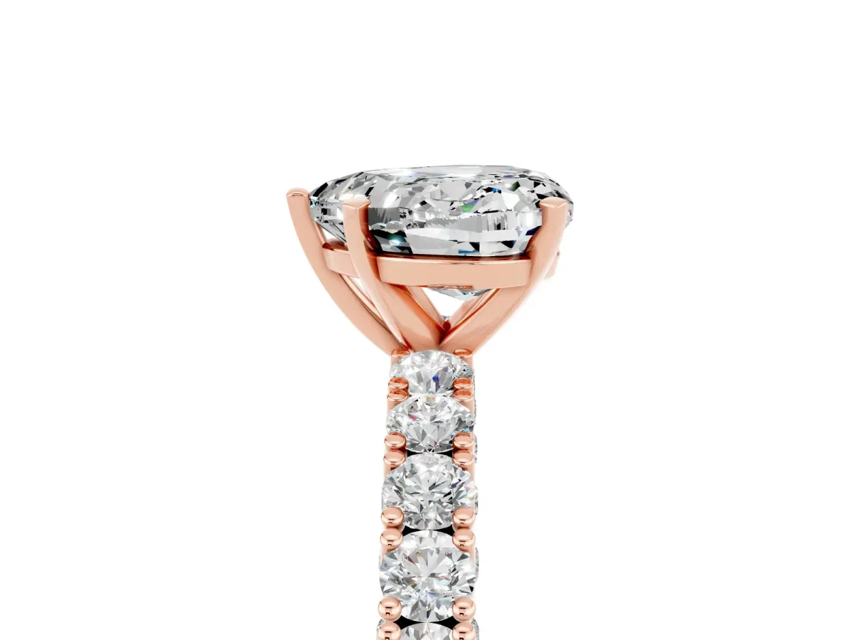 Heart Cut Moissanite Solitaire Ring with Round Accent Pavé Band and Prong Setting Rose gold