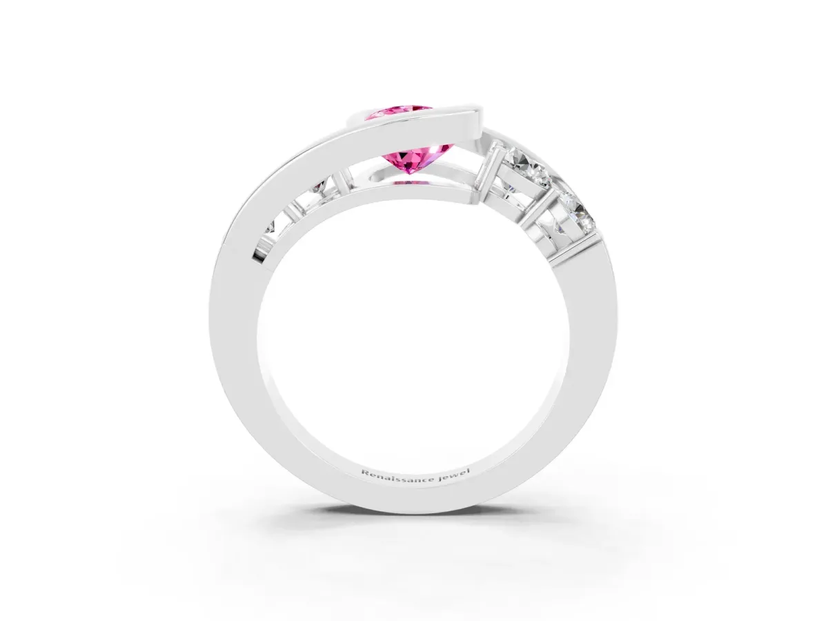 Bezel Set Pear Cut Pink Sapphire Bypass Ring with Round Accents Silver