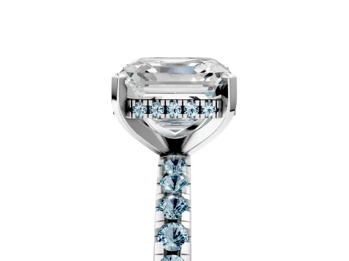 Asscher Cut Diamond Solitaire Ring with Round Aquamarine Pavé Band and Four-Prong Setting White gold