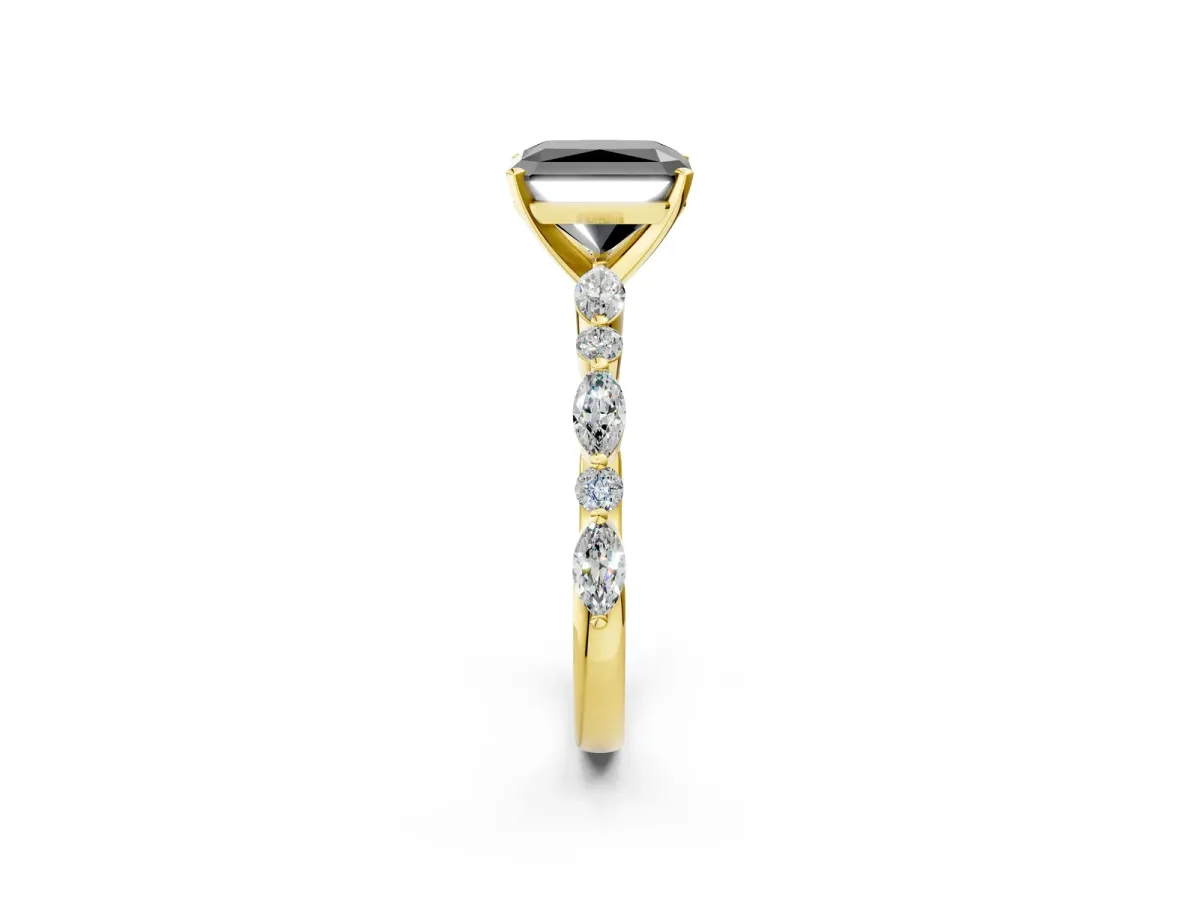 Fancy Black Radiant Cut Diamond Ring with Marquise and Round Side Stones and Four-Prong Setting Yellow gold