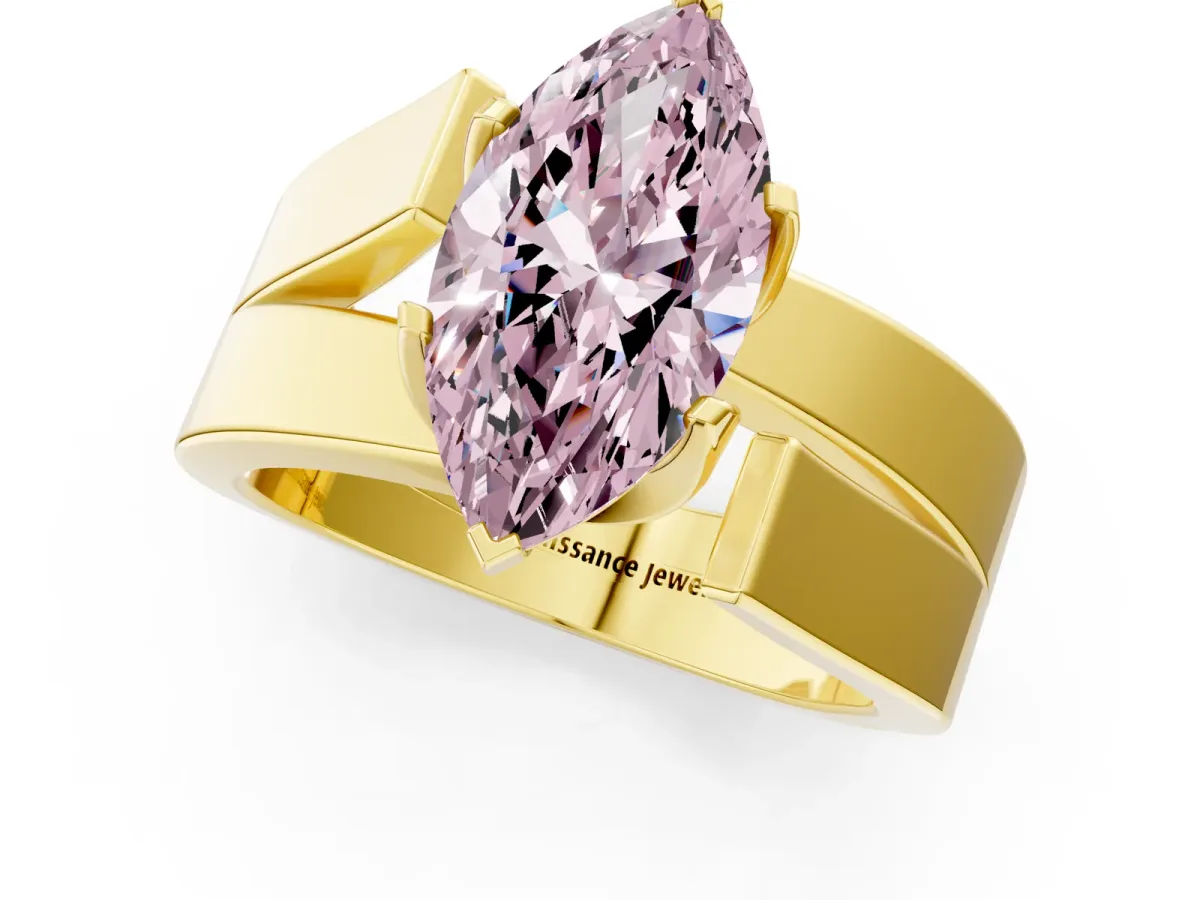 Fancy Pink Modern Tension Set Marquise Cut Diamond Solitaire Wide Band Ring Yellow gold