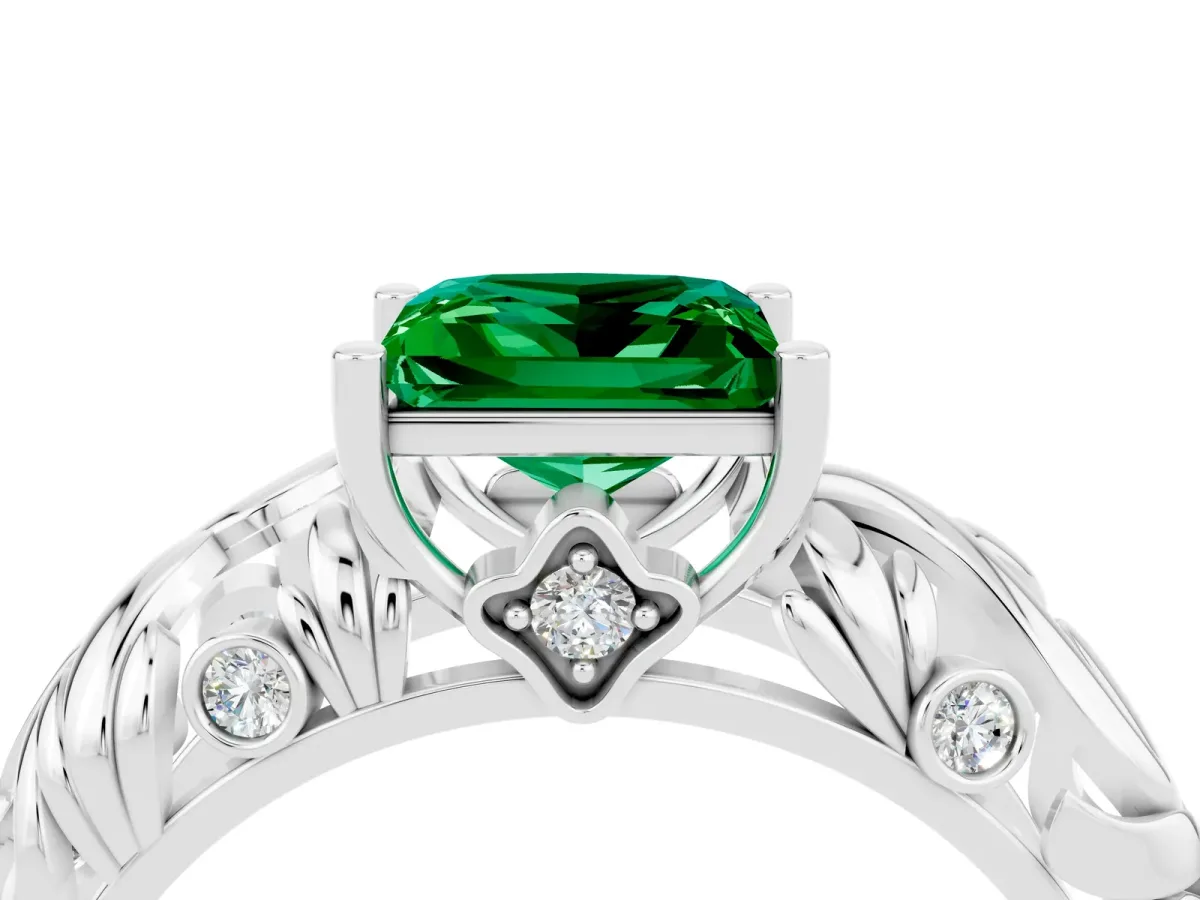 Princess Cut Solitaire Emerald Leaf-Inspired Vine Band Ring with Prong Setting White gold