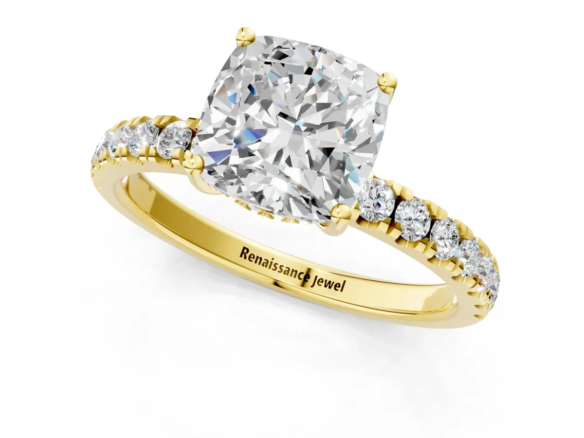 Cushion Cut Diamond Pave Band Solitaire Ring with Round Moissanite and Prong Setting Yellow gold