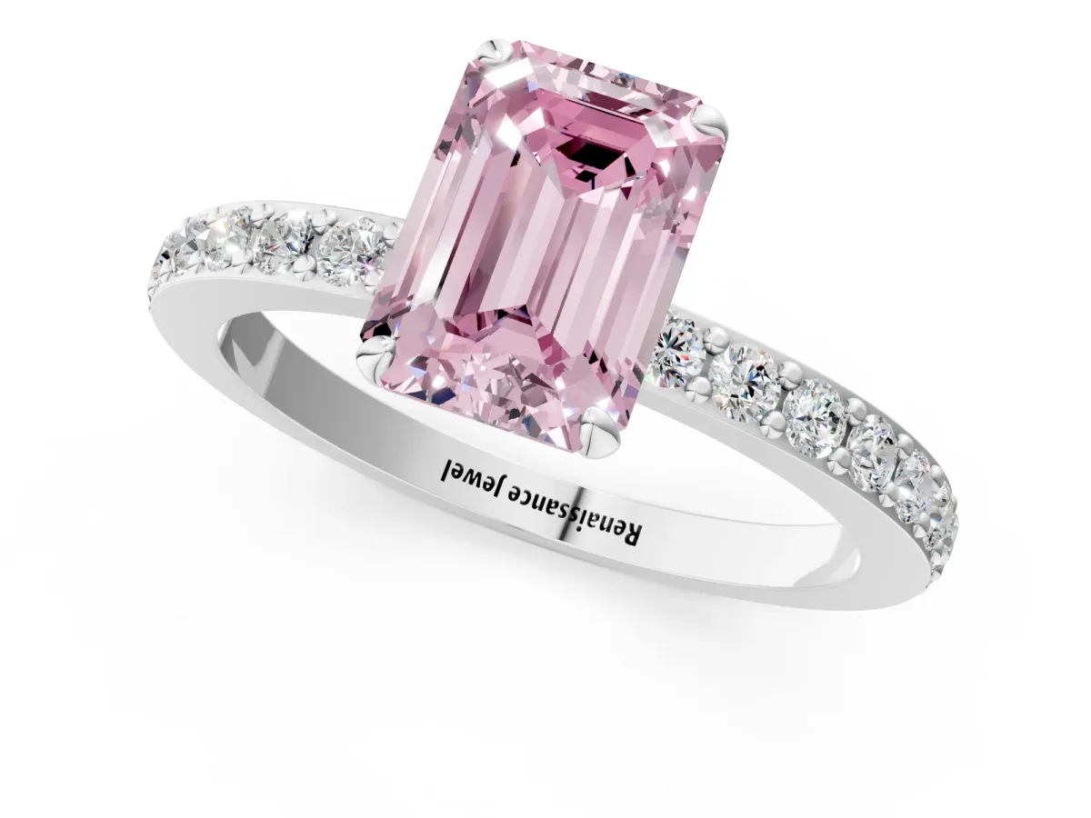 Fancy Pink Emerald Cut Diamond Solitaire Engagement Ring with Pavé Band and Four-Prong Setting Silver