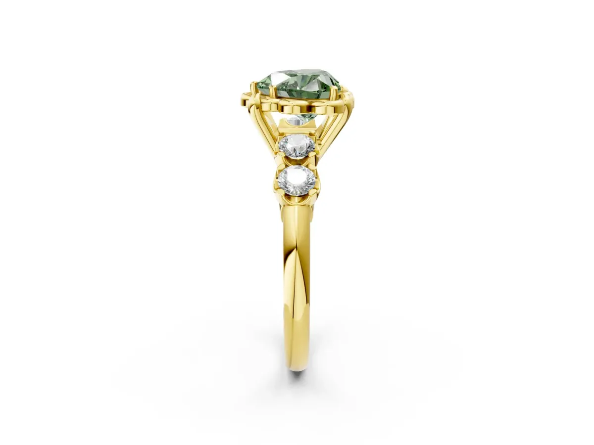 Fancy Green Heart Cut Cut Diamond Floral Halo Engagement Ring with Shared Prong Setting Yellow gold