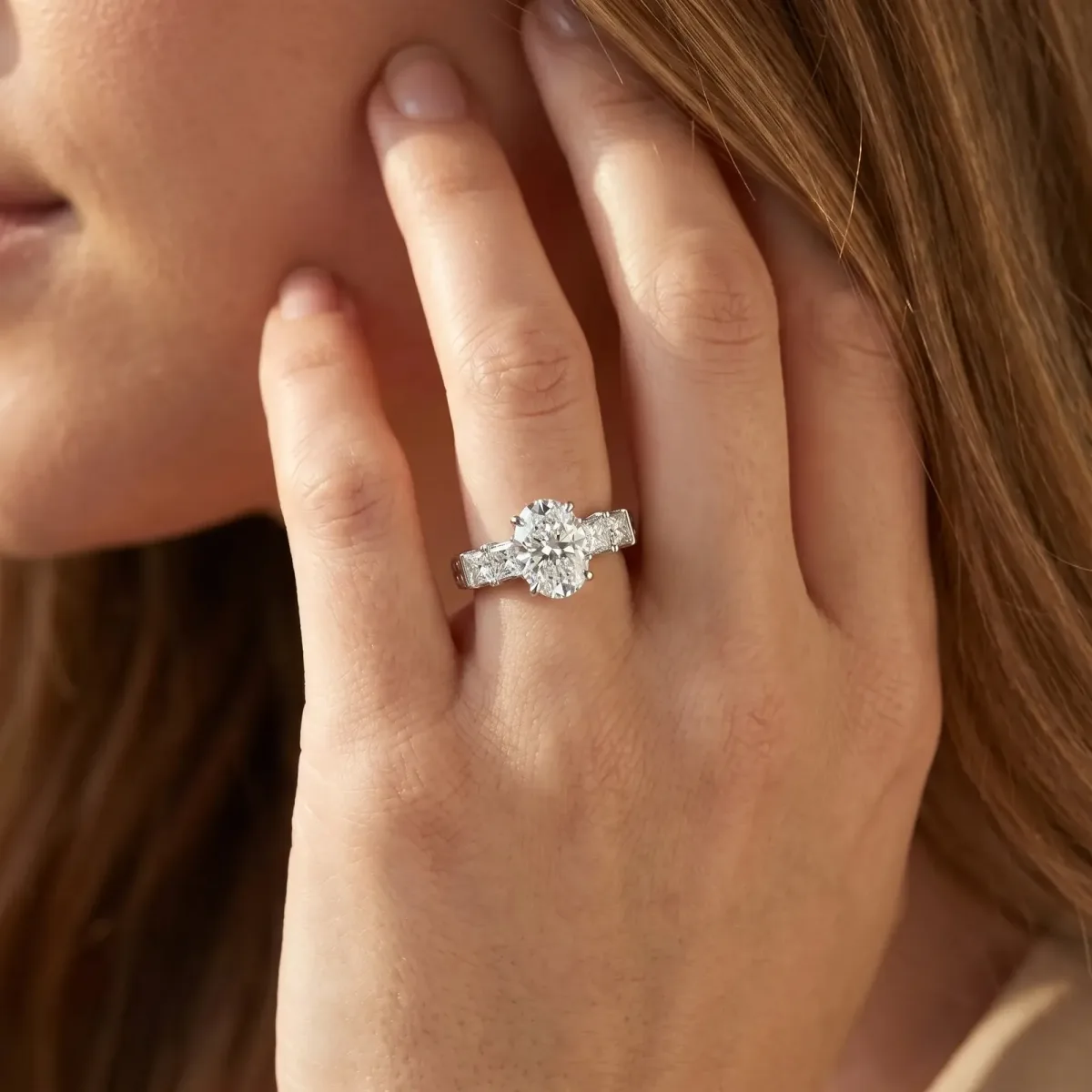 Oval Cut Solitaire Princess Side Stone Engraved Band Prong Setting Ring White gold