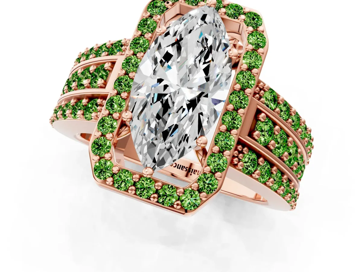 Marquise Cut Halo Diamond Ring with Round Peridot Split Shank and Prong Setting Rose gold