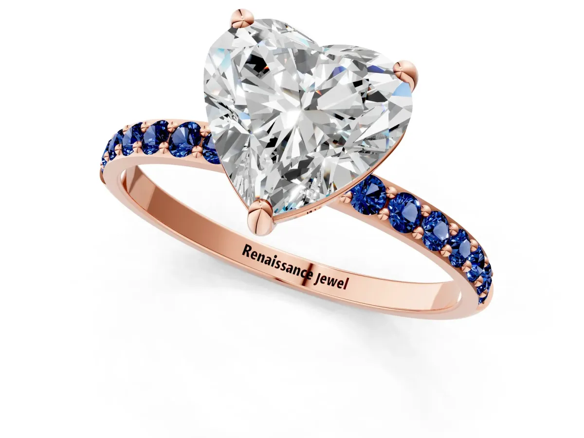 Heart Cut Diamond Solitaire Ring with Round Blue Sapphire Pavé Band and Prong Setting Rose gold