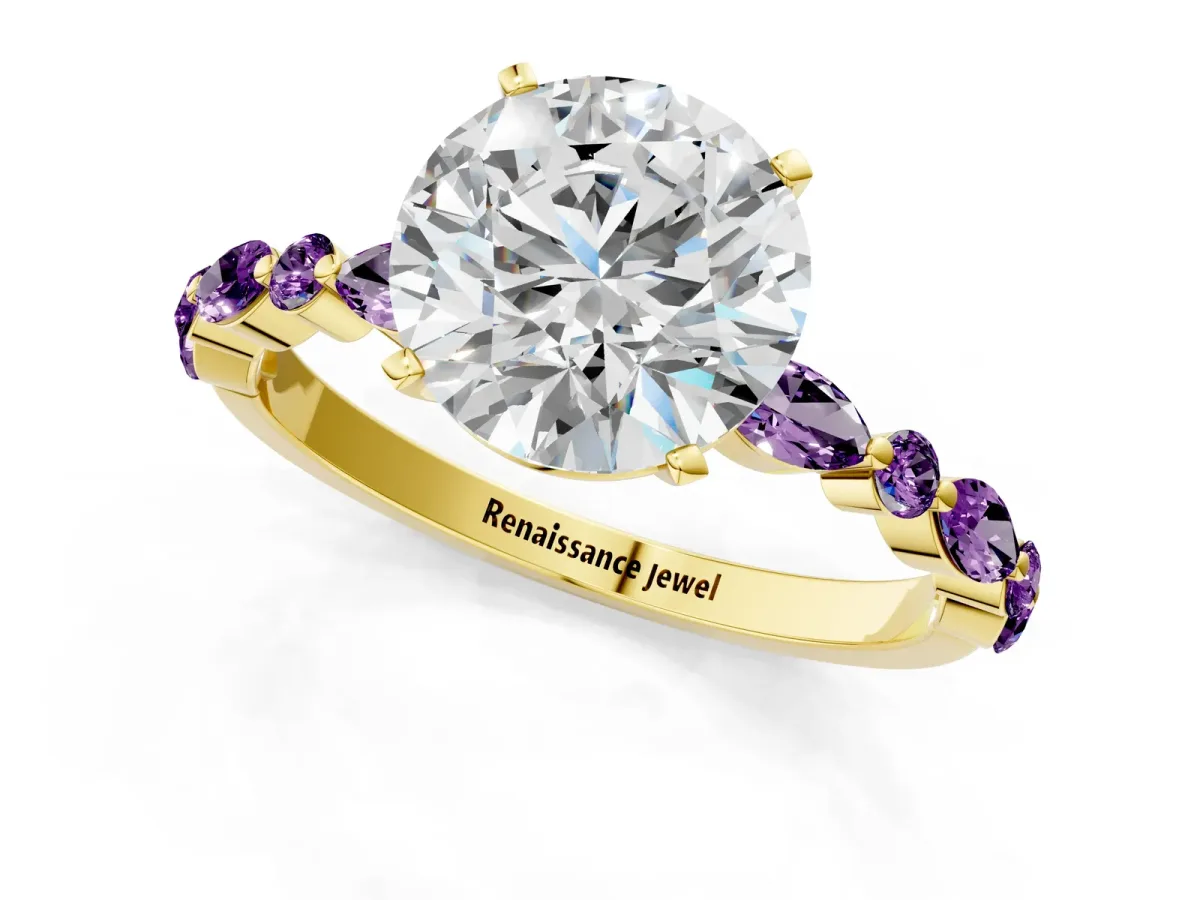 Round Cut Diamond Ring with Marquise and Round Amethyst Side Stones and Four-Prong Setting Yellow gold