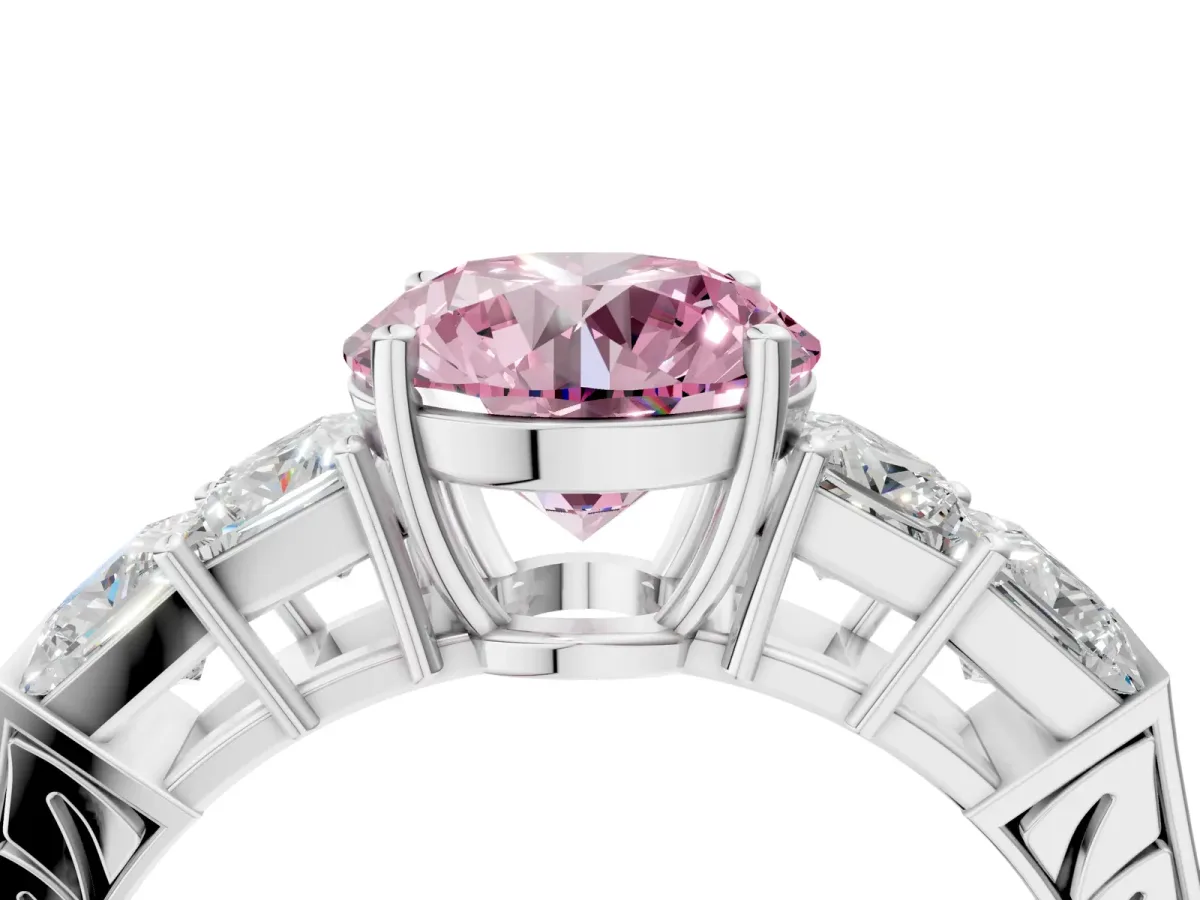 Fancy Pink Round Cut Solitaire Princess Side Stone Engraved Band Prong Setting Ring Silver
