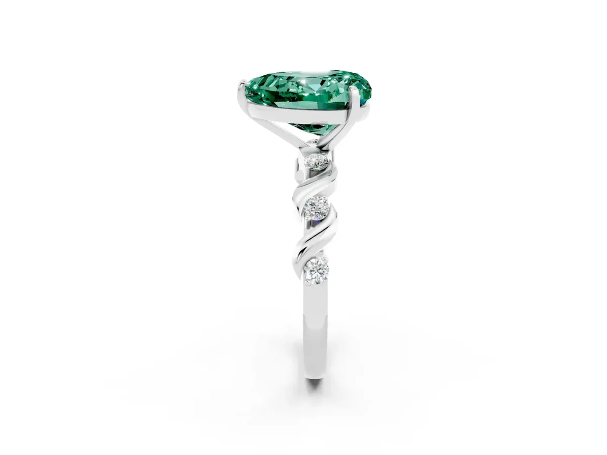 Heart Cut Green Sapphire Solitaire Twisted Band with Round Accents and Prong Setting Platinum
