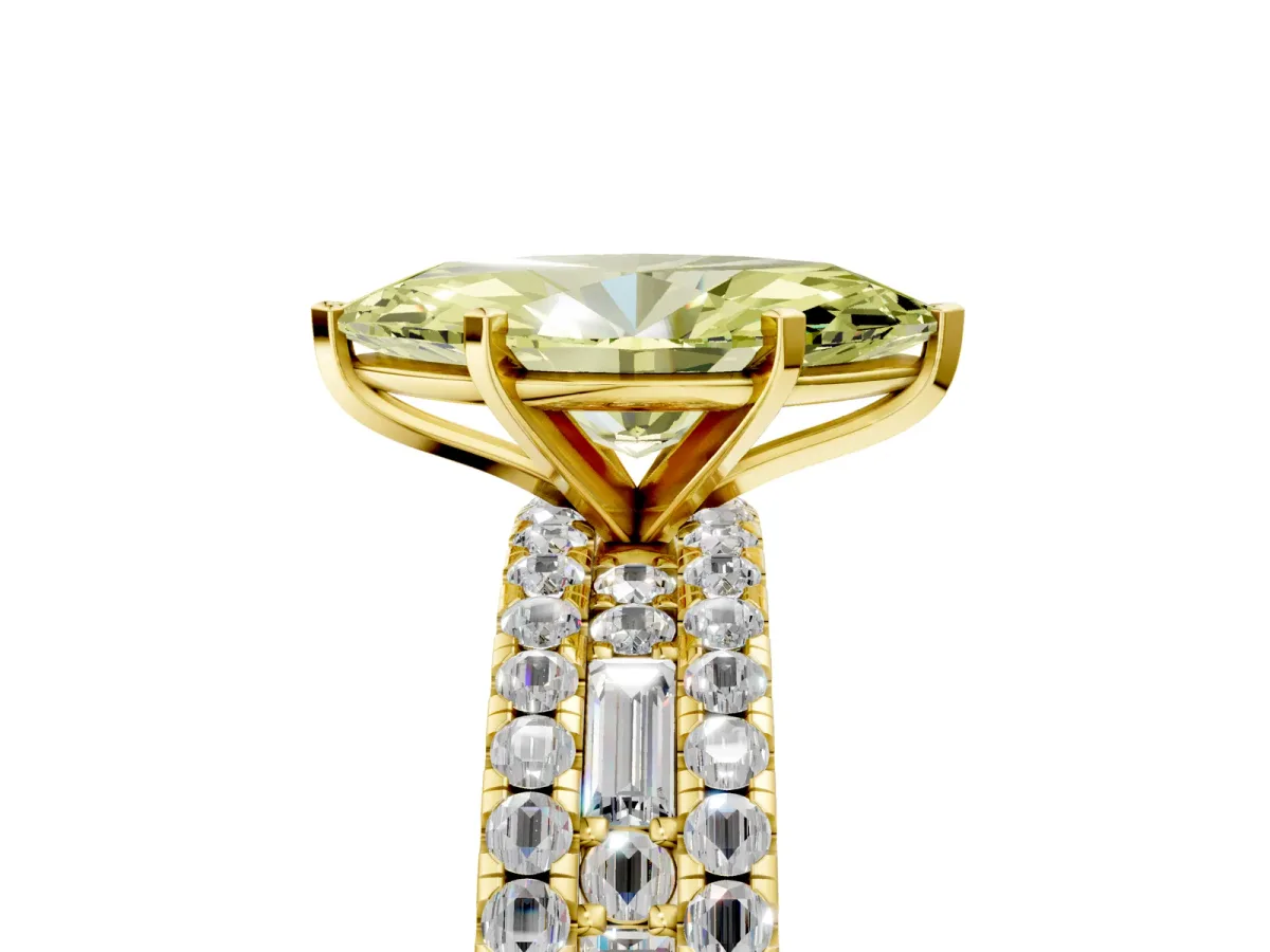 Fancy Yellow Marquise Cut Diamond Solitaire Ring with Pavé and Channel Set Band Yellow gold