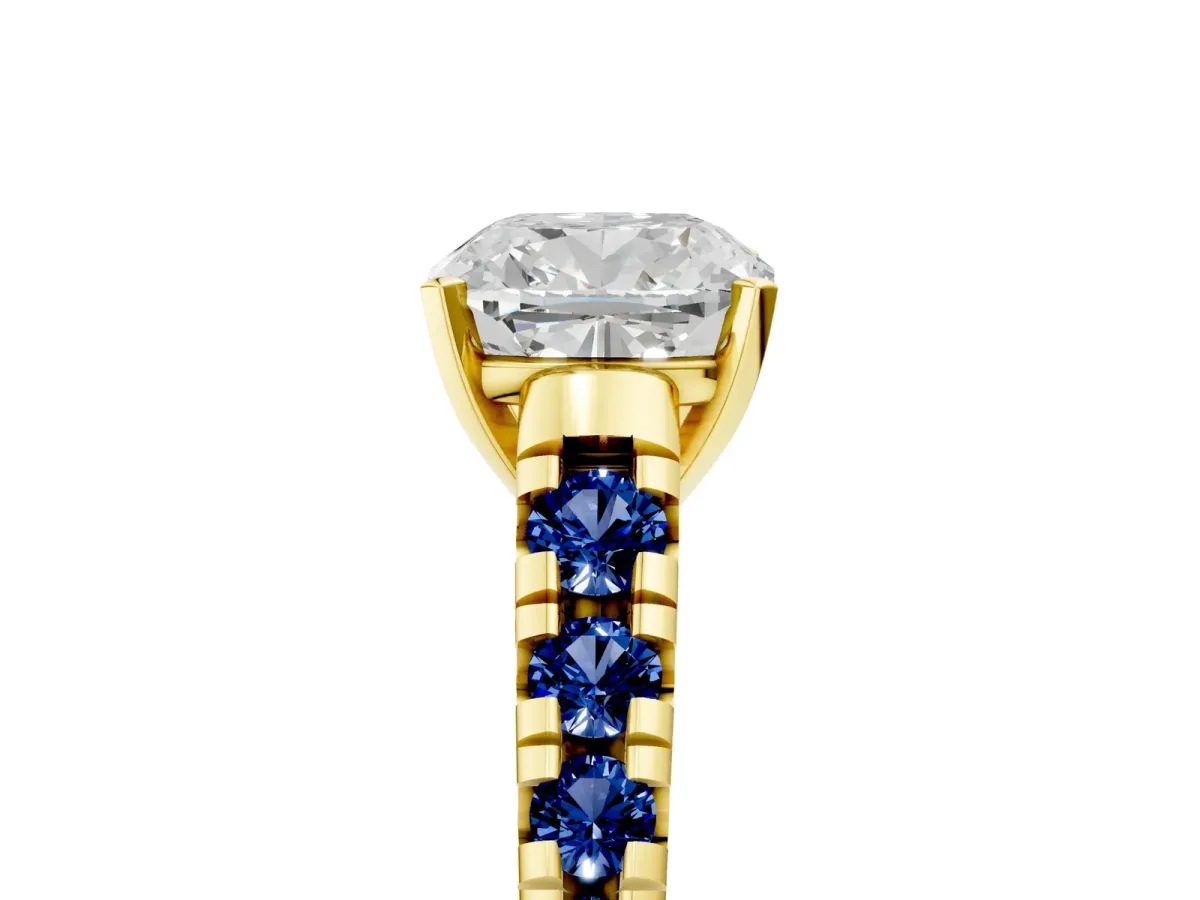 Cushion Cut Diamond Cathedral Solitaire Ring with Round Blue Sapphire Pavé Band Yellow gold