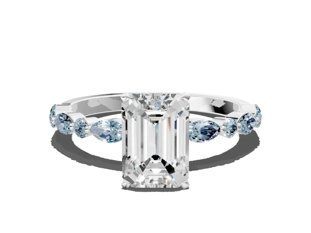 Emerald Cut Diamond Ring with Marquise and Round Aquamarine Side Stones and Four-Prong Setting White gold