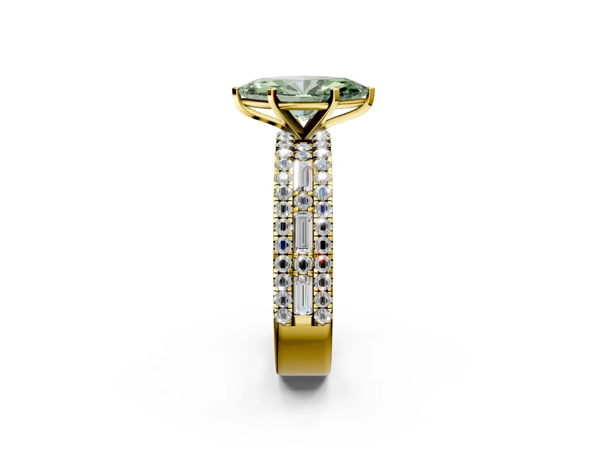 Fancy Green Marquise Cut Diamond Solitaire Ring with Pavé and Channel Set Band Yellow gold