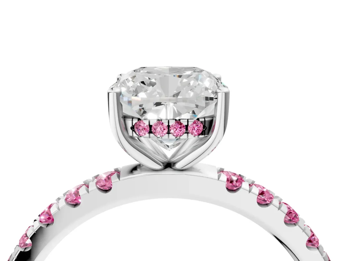 Cushion Cut Diamond Pave Band Solitaire Ring with Round Pink Sapphire and Prong Setting White gold