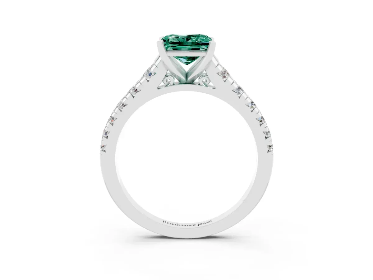 Princess Cut Green Sapphire Cathedral Solitaire Ring with Round Pavé Band White gold