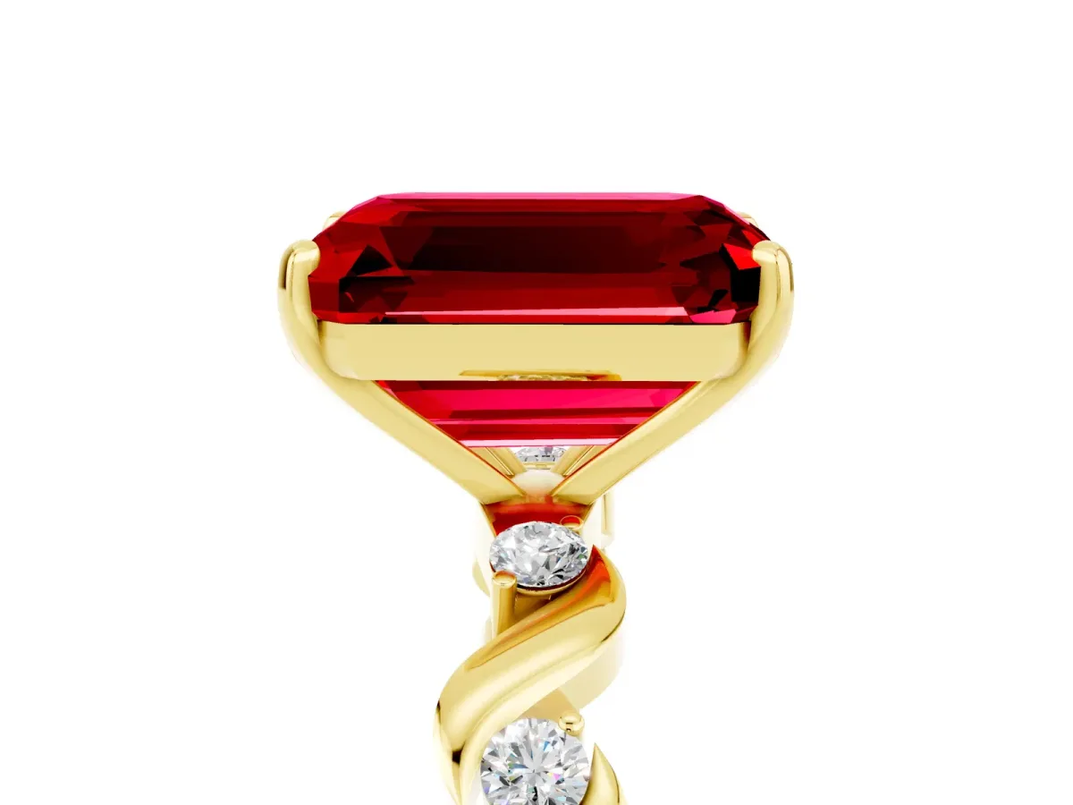 Emerald Cut Ruby Solitaire Twisted Band with Round Accents and Prong Setting Yellow gold