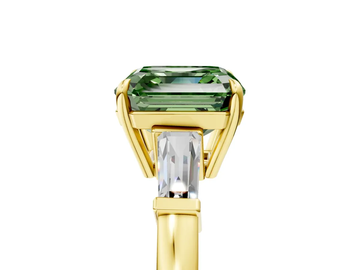 Fancy Green Asscher Cut Diamond Three-Stone Ring with Tapered Baguette Side Stones and Prong Setting Yellow gold