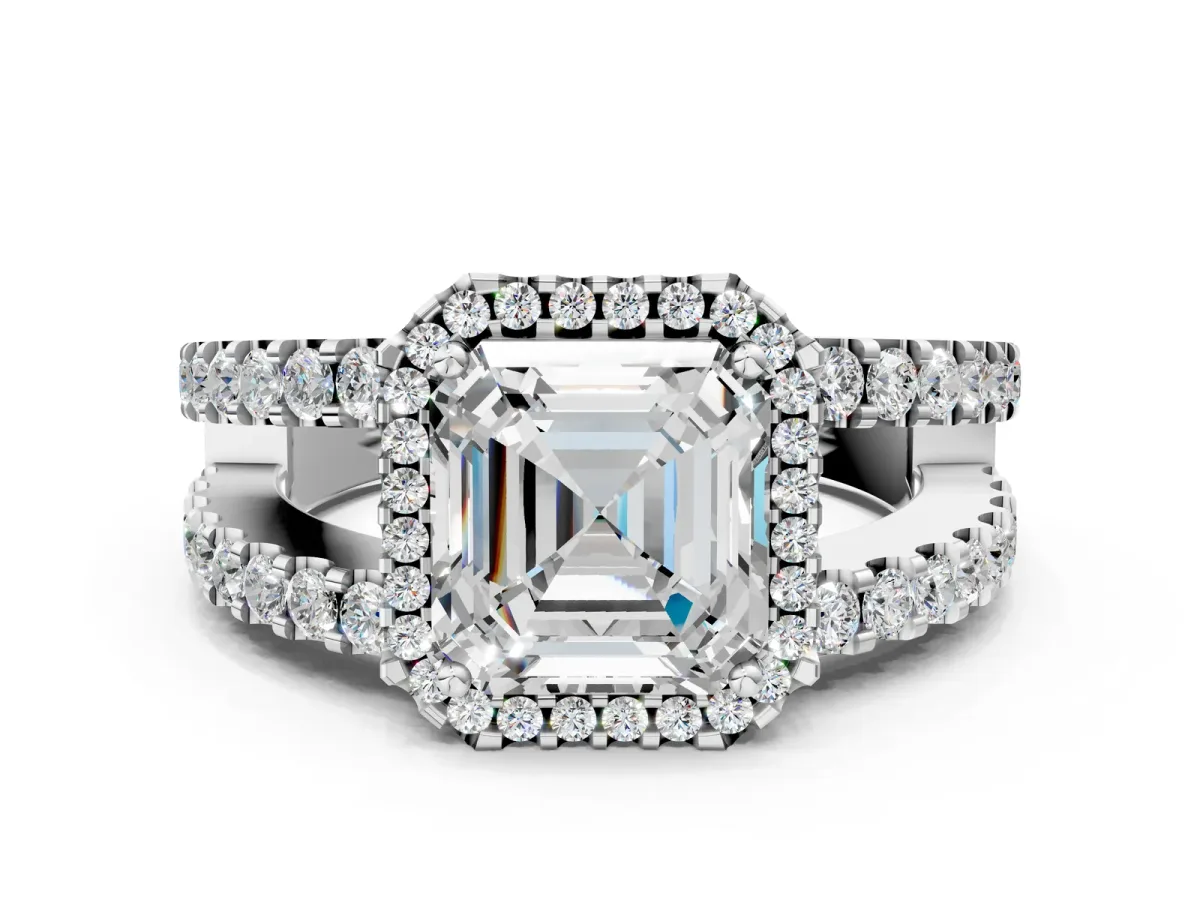 Asscher Cut Cut Halo Split Shank Diamond Ring with Four-Prong Setting Platinum