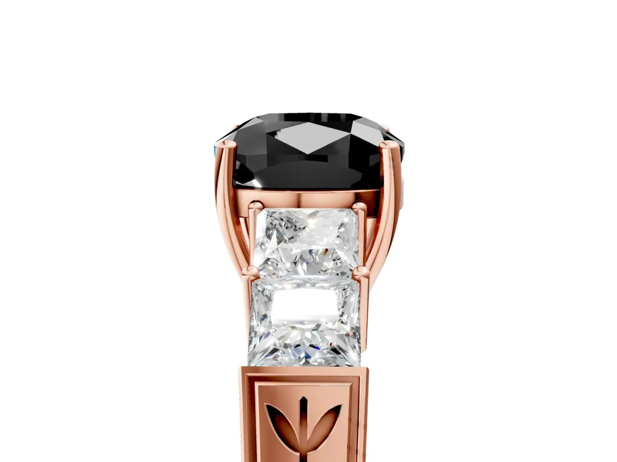 Fancy Black Cushion Cut Solitaire Princess Side Stone Engraved Band Prong Setting Ring Rose gold