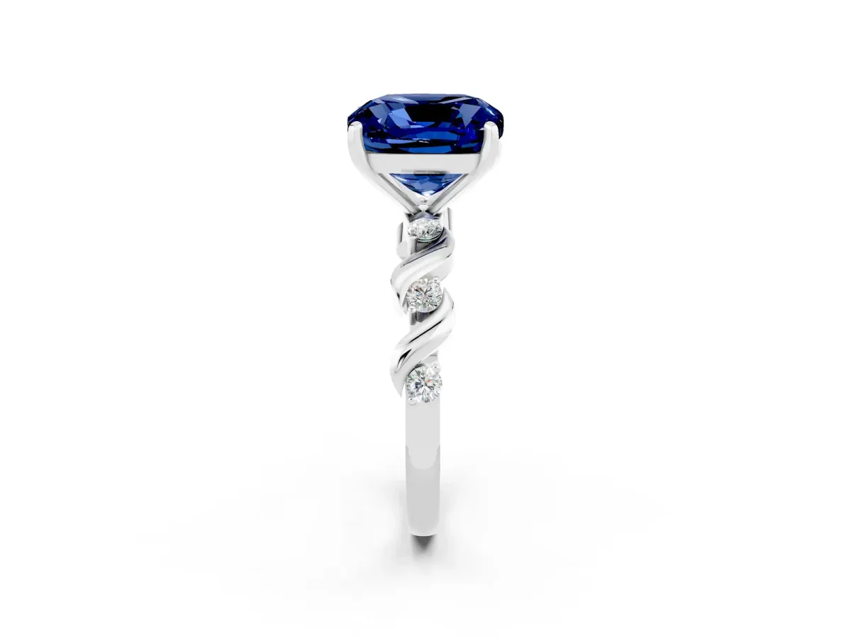 Cushion Cut Blue Sapphire Solitaire Twisted Band with Round Accents and Prong Setting White gold