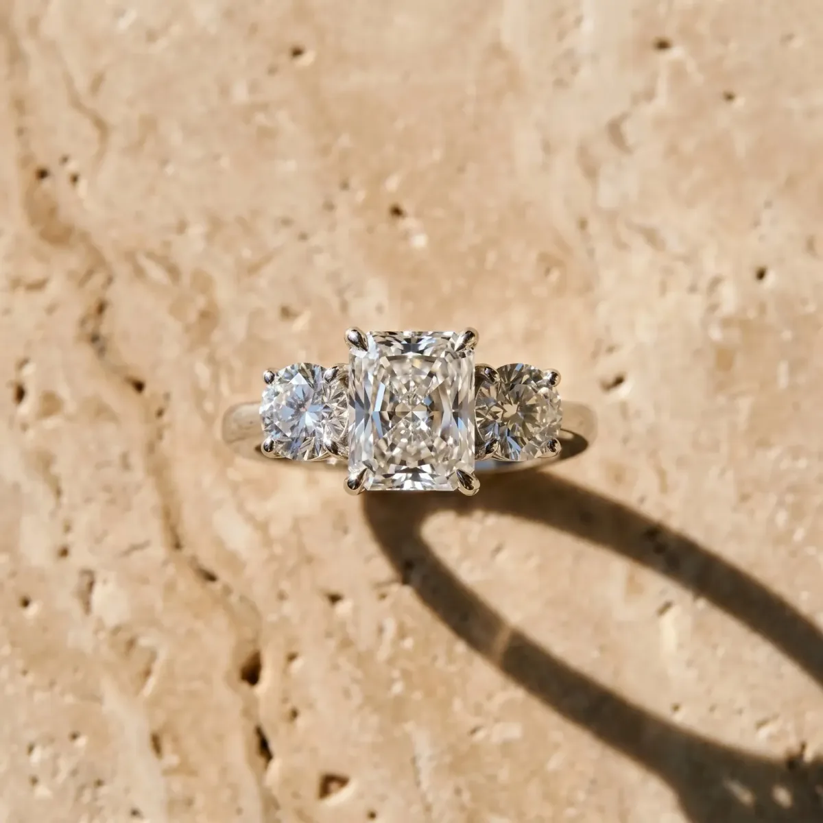 Three-Stone Radiant Cut Cut Diamond Engagement Ring with Prong Setting on a White Gold Band Silver