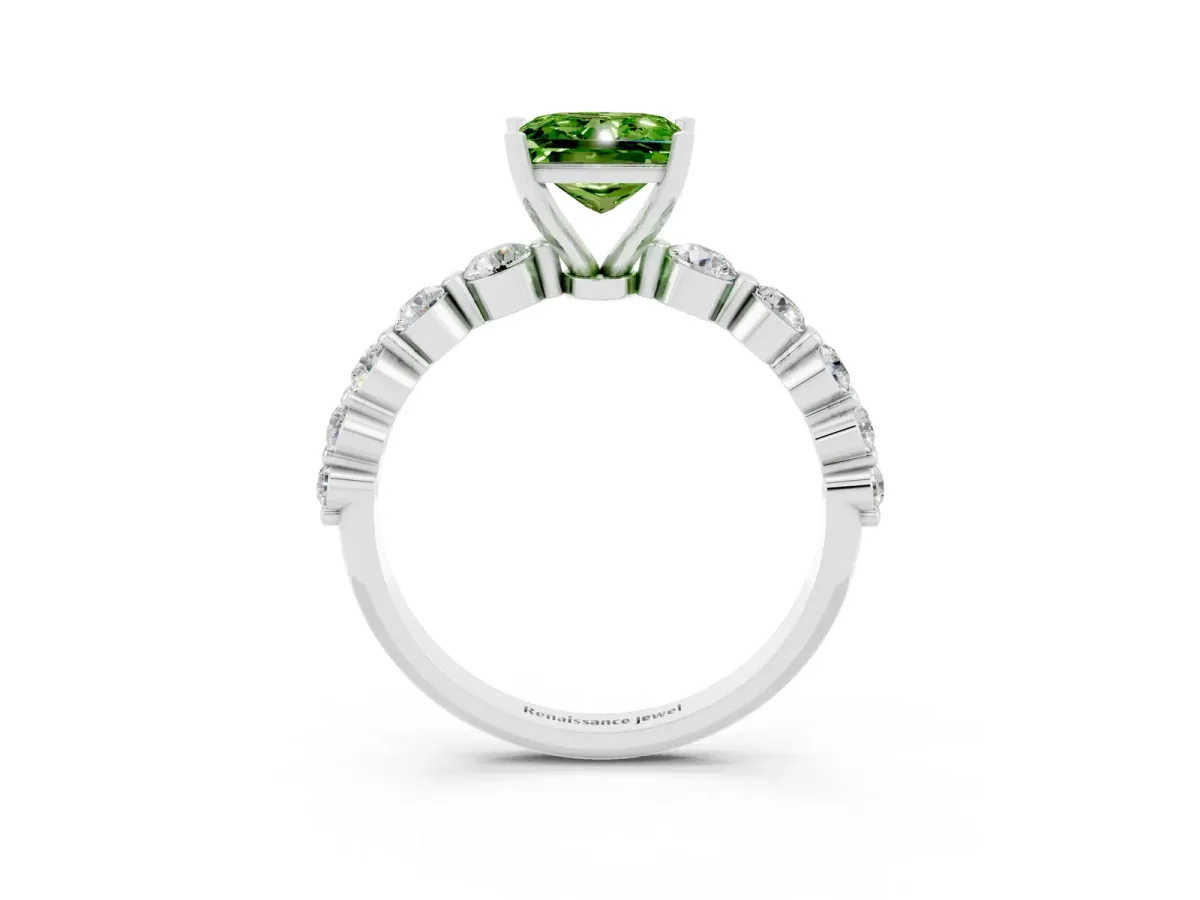 Princess Cut Solitaire Peridot Ring with Pave Band and Four-Prong Setting Silver
