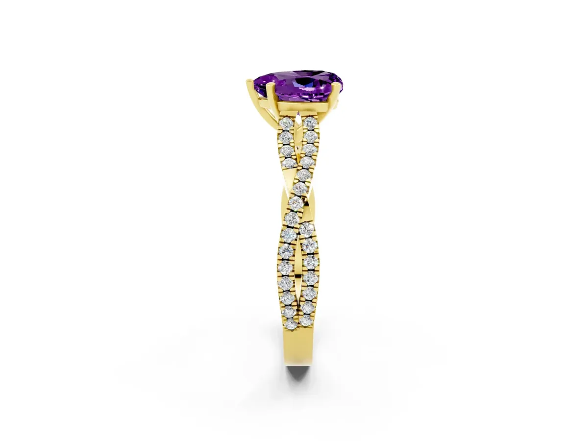 Heart Cut Amethyst Solitaire Engagement Ring with Twisted Pavé Band and Four-Prong Setting Yellow gold