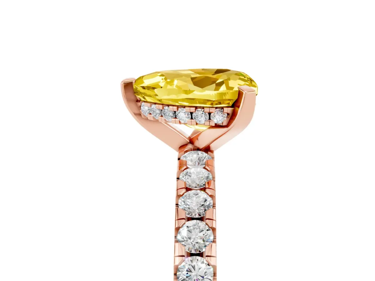 Heart Cut Yellow Sapphire Solitaire Ring with Round Pavé Band and Four-Prong Setting Rose gold