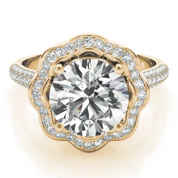 Round Cut Halo Diamond Floral Pave Band Ring with Four-Prong Setting Yellow gold