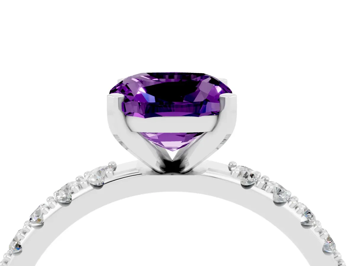 Cushion Cut Amethyst Solitaire Pavé Band with Four-Prong Setting Platinum