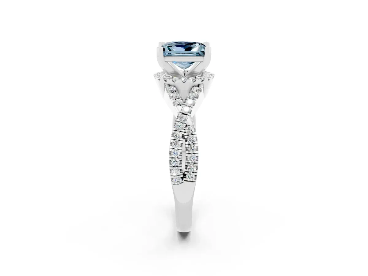 Princess Cut Aquamarine Halo Twist Band Solitaire Prong Setting Ring White gold