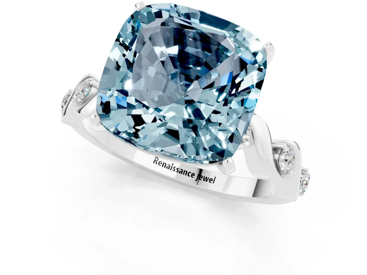 Cushion Cut Aquamarine Solitaire Twisted Band with Round Accents and Prong Setting Platinum